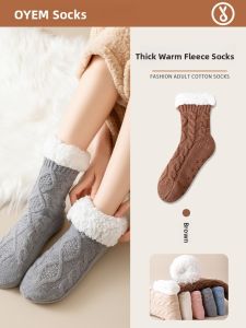 Lamb Velvet Thickened Fleece Womens Socks Winter Home Sleep Warm Plush Floor Socks Anti-slip Postpartum Long Socks