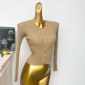 Retro Korean Style Womens Long Sleeve Knitted Cardigan Slim Fit Short Length Spring Summer New Style Half Open Collar Buttoned Coat