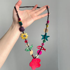 Bohemian Mixed Color Wooden Flower Long Necklace Womens Vintage Design Sensation Holiday Style Sweater Chain Fashion Jewelry