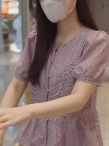 WANGGONGZHU | Lace Splice Short Sleeve Womens Shirt Summer New Design Sensation Youthful Fashion Bubble Sleeve Top Princess Style Commute Wind