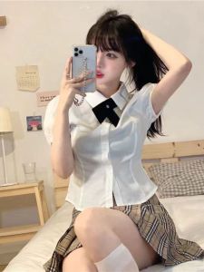 Slimming Effect White Shirt Womens Fashion Korean Style Pure Desire Top Waist-Cinching Sweet-and-Spicy Summer New Arrival