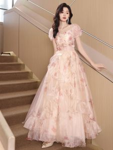 Elegant Champagne Color Graduation Ceremony Hostess Evening Gown Fashionable Princess Ball Gown with Pearls Medium Waist Long Skirt