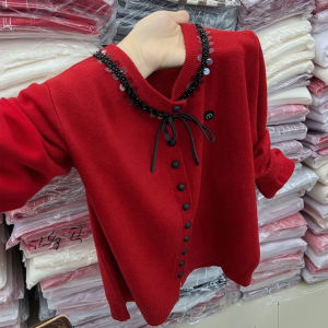 XUECAIQI | Red Sparkle Pearl Unique Stylish Winter Cardigan