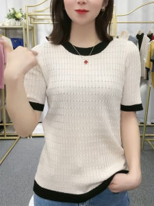 QINGNAER | Lace-Up Patchwork Color Round Neck Slim Fit Knitted Blouse