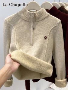 Áo Len Dệt Kim Cổ Cao La Chapelle Dành Cho Nữ Mùa Thu Đông Dày Dặn Có Khóa Kéo Một Mảnh Lông Cừu Vai Thường Ngày
