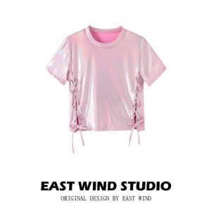EAST WIND Original Design Colorful Shiny round Neck Short Sleeve T-Shirt Belted Slim Fit Top Cotton Polyester Blend Street Style Summer Wear