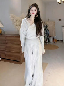 XUECAIQI | Autumn Winter French Elegant Outfit V-Neck Top and Wide Leg Pants Set