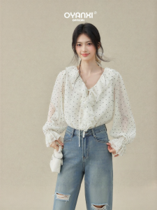 OUYANGXI | Áo Blouse cổ V bèo nhún mùa xuân Dots