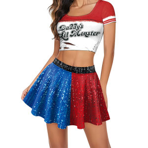 Halloween Movie Clown Women Suit Joker Hero Cosplay Costume 3D Printing Cheerleading Costume Party 2-piece Set Carnival Wear