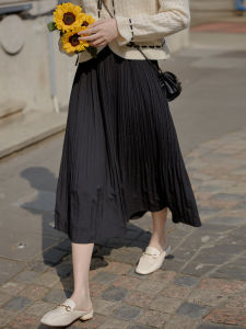 Autumn Qi French Style Black Pleated Skirt with High Waist Slimming Design for Women Midlength A-Line Midi Dress Polyester 100%
