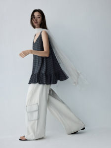 HAVERICE | Retro V-Neck Bow Blouse Bubble Blue Check