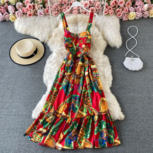 Váy Dài Không Tay in Hoa Hở Lưng Gợi Cảm Phong Cách Bohemian Váy Đi Biển Mùa Hè Váy Midi Xếp Ly Cạp Cao Váy Nữ