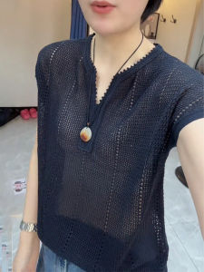 UYFY | Deep Blue V-neck Lace Hollow Knit T-shirt Large Size