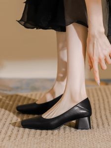 LIQIXIEFANG | Leather Square Toe High Heel Shoes for Women Coarse Heel Soft Leather Professional Style