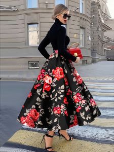 Printed Design Four Seasons Red Roses and Leaves Black Holiday Style Half Skirt