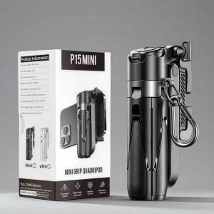 P15 Mini Tripod Stand Portable Pocket-Sized Selfie Stick for iPhone with Rechargeable Remote And Metal Clasp Black