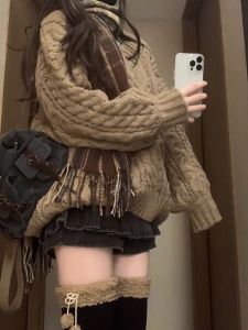 Thickened Version V-Neck Twist Lantern Sleeve Sweater Womens Autumn Winter New Lazy Loose Knitted Top Warmth Emitting Long Sleeve