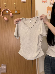 Creamy Universe Hollow out Pure Color V-Neck Short Sleeve T-Shirt Womens Sweet And Spicy Style Short Top New Arrival