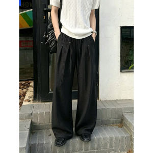 ZHUOCAN | Retro Style Pleated Linen-like Thin Summer Breezy Wide Leg Casual Trousers