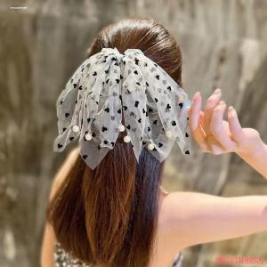 Durable Lace Hair Ties with Sash And Pearl for Women Korean Style Print Net Hair Bands Fashionable Hair Accessories