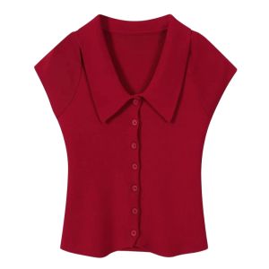 YUEZHONGWEI | เสื้อยืดแขนสั้นคอติดกระดุมผ้าไหมเย็นสีส้ม แฟชั่นใหม่ฤดูร้อนปี 2025 ทรงกระชับ