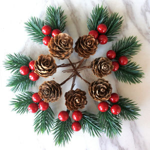 10pcs Artificial Christmas Pine Cone with Holly Branches for Christmas DIY Wreath Decors Faux Red Berry Stem Simulation Pinecone