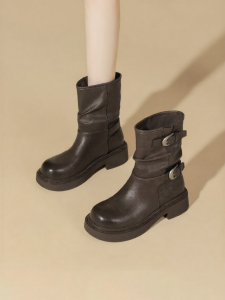 Josiny | Winter New Thick Soles Retro Brown Short Boots with Belt Buckle Mid-calf