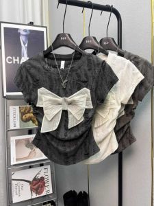 Bows Gray Shoulder Short Sleeve T-shirt: 2024's New Design Sense & Niche Style