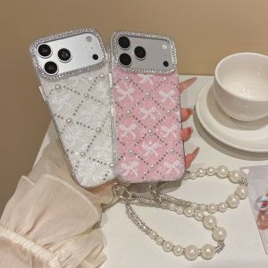 EOENKK | Sweet Bow Shell Pattern Phone Case For iPhone 11 12 13 14 15 16 17 Pro Max Plus Diamond Lens Frame Phone Case with Wrist Strap