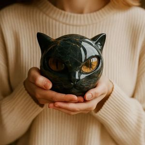 ！BlackCat Figurine Resin Cat Head Healing Stone Marble Texture Cat Stone Resin Cat Sculpture Ornament for Home Office Desk Decor