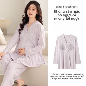 MiiOW | Pure Cotton Sleepwear For Pregnant Women Cat Person Home Clothes V-neck Long Sleeve Loose Fit Breathable Comfortable Spring Autumn