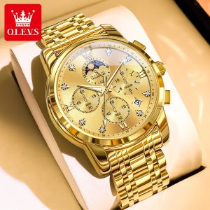 OLEVS Watch Men Waterproof Original Branded 2025 New Business Style Luxury High Quality Stainless Steel Watch Band Luminous Diamonds Date Multi Function Chronograph Quartz Watch