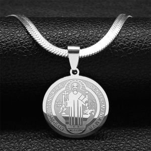 Hip Hop Saint Benedict Medallion Pendant Necklace Men Stainless Steel Snake Chain Choker Necklaces Jewelry San Benito Collares