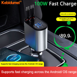 Kebigumei 4 trong 1 100W sạc điện dùng trên xe hơi sạc nhanh USB PD hiển thị điện áp với có thể thu vào 2 cáp sạc Loại C 8-pin cho điện thoại