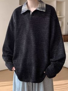 American Style Long Sleeve T-Shirt Mens Spring Autumn Trendy Flannel Polo Collar Casual Wear Polyester Fabric Antibacterial