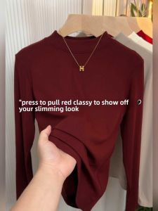 Comfortable Soft Elastic Half High Neck Long Sleeve Base Shirt Womens Autumn Winter New Style Ankela Red Inner Wear Top
