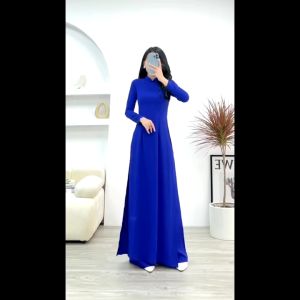 Áo dài trơn áo dài đoàn xanh coban lụa mỹ cao cấp cổ cao áo dài truyền thống MÃ T17