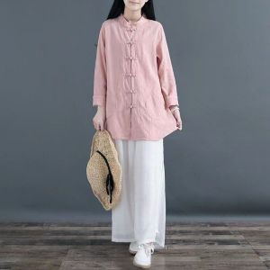New Chinese Style Cotton Linen Embroidered Shirt Long Stand Collar Button up Thin Open Cardigan Outerwear Spring Autumn Artistic Blouse