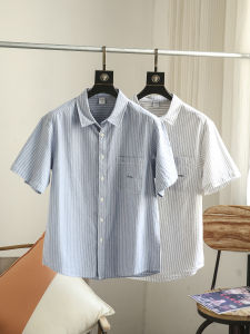 Summer New Style Japanese Retro Hong Wind Pure Cotton Striped Mens Loose Casual Collar Short Sleeve Shirt Half Sleeve Shirt
