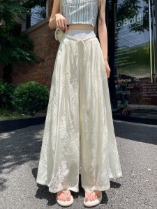 กางเกงขายาวผ้าไหมน้ำแข็งปักลายเอวสูงทรงหลวมสำหรับผู้หญิงในช่วงฤดูร้อน กางเกงขายาวทรงสลิมทรงหลวมเอวสูง 9 ฟุต