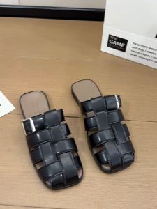 YOTO Foreign Leather Loafer Mat Embelished Strap Sandals Flat Hard Sole For Women