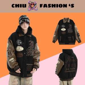 áo khoác bomber varsity áo khoác bóng chày chất dạ phối da PU cao cấp hình thêu xù áo khoác bomber phối tay da