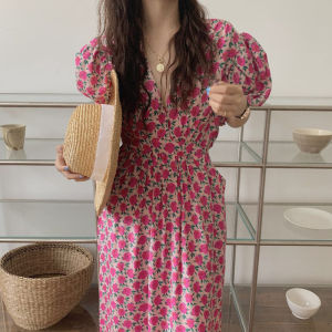 2025New Summer Korean Dress Brand NUOVPAUL V-neck Romantic Floral Long Dress Thin Bubble Waist Short Sleeve Dress for Women