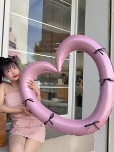 Happy Birthday Heart Photo Frame Balloon with Bowknot Stickers Girlsfriend Valentines Day Party Photo Props Wedding Ballon Deco