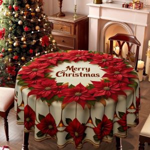 VIKAMA Giáng Sinh Vui Vẻ Khăn Trải Bàn Tròn Màu Kem Đỏ Trạng Nguyên Vòng Hoa Hoa Vàng Xmas Ngày Lễ Bàn Ăn Có Thể Giặt Bằng Máy