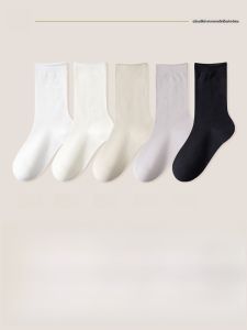 JINGCHI | ถุงเท้าผู้หญิงสีขาว ทรงบาง ทรงกลาง ทรงฤดูร้อน ผ้าฝ้ายแท้ ทรงลำลอง สไตล์ใหม่ ถุงเท้าสีเดียว สำหรับฤดูร้อน