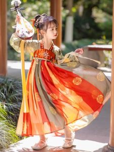 Childrens Hanfu Dress Autumn Winter Thin Dance Performance Costume Female 6 Years Old Tang Style Dunhuang Style Long Sleeve U Neck Gown