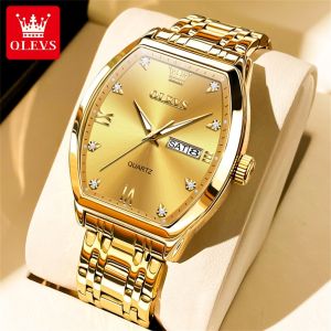 OLEVS 5528 Original Mens Watches Gold Stainless Steel Strap Waterproof Weekly Calendar Quartz Watch for Men Luminous Wristwatch