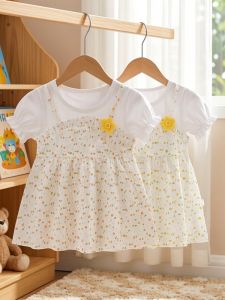 Elegant Lightweight Girls Dress Short Sleeves Fake Two Pieces Floral 2026 New Summer