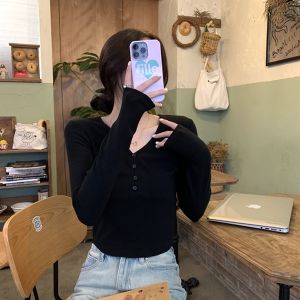 Autumn and Winter V-neck Silm Shoulder Inner Wear T-shirt Womens Long-Sleeved Bottoming Shirt Western Style Small All-Matching Short Top